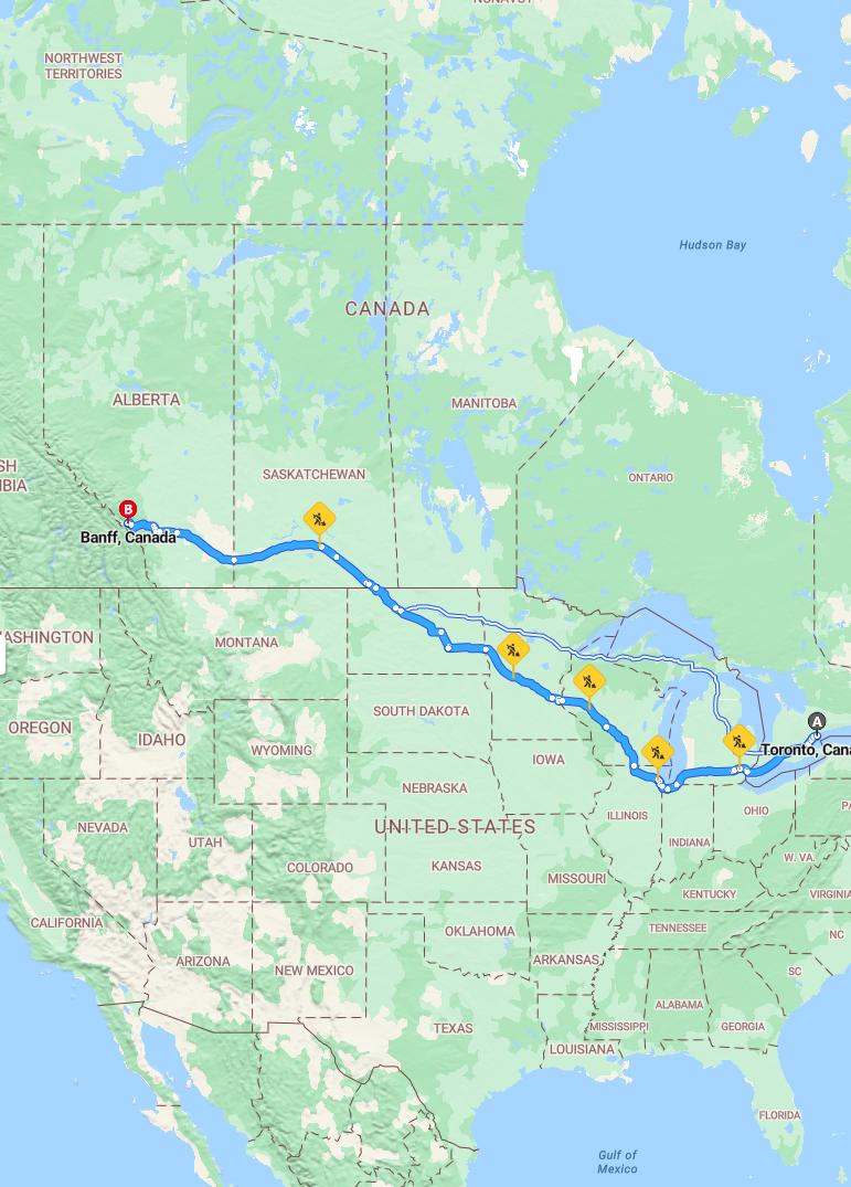 driving from Toronto, Ontario to BanffAlberta - map and route