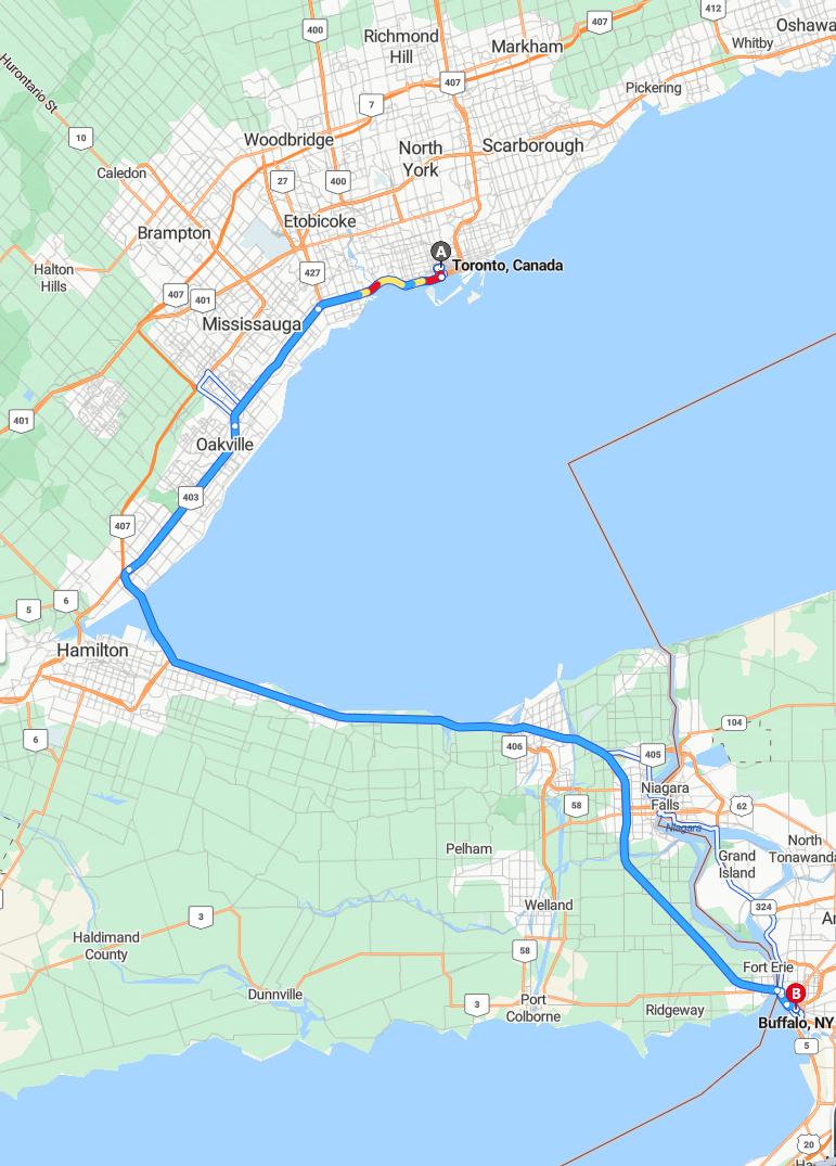 driving from Toronto, Ontario to BuffaloNew York - map and route