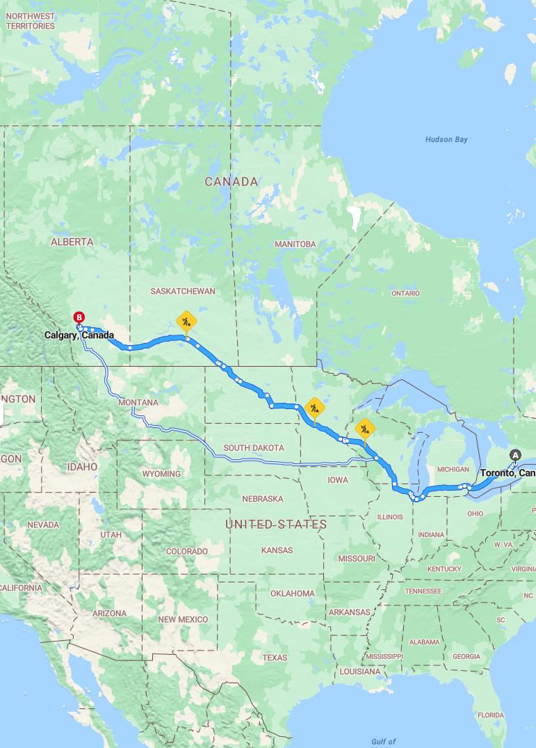 driving from Toronto, Ontario to CalgaryAlberta - map and route