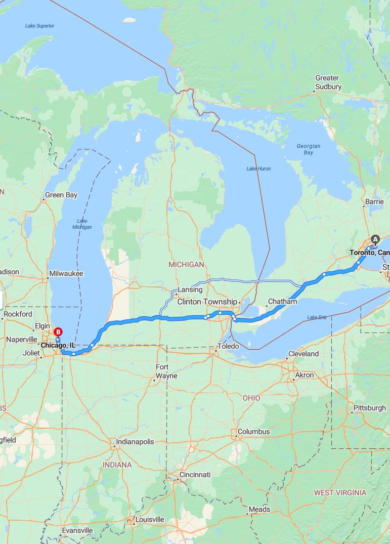 driving from Toronto, Ontario to ChicagoIllinois - map and route