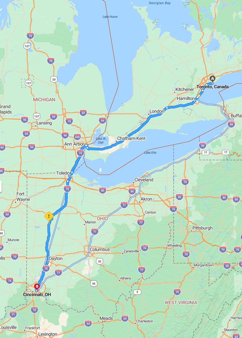 driving from Toronto, Ontario to CincinnatiOhio - map and route