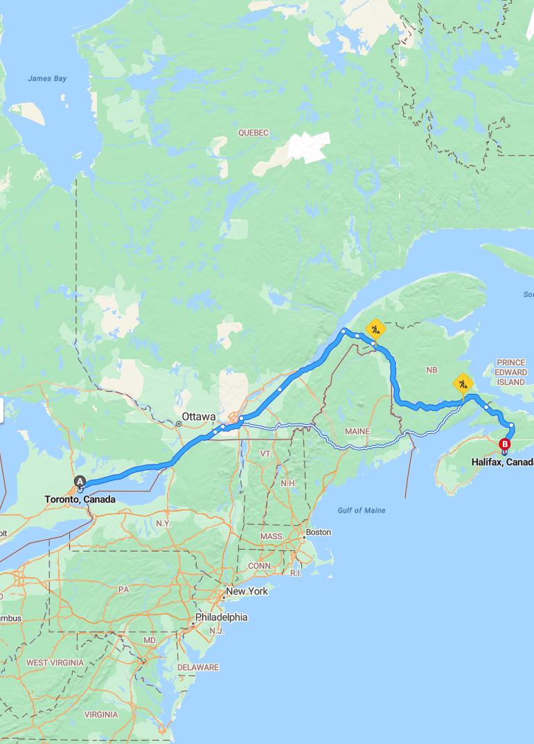 driving from Toronto, Ontario to HalifaxNova Scotia - map and route