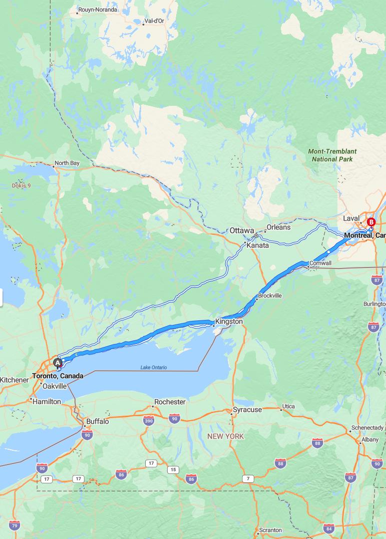 driving from Toronto, Ontario to MontrealQuebec - map and route
