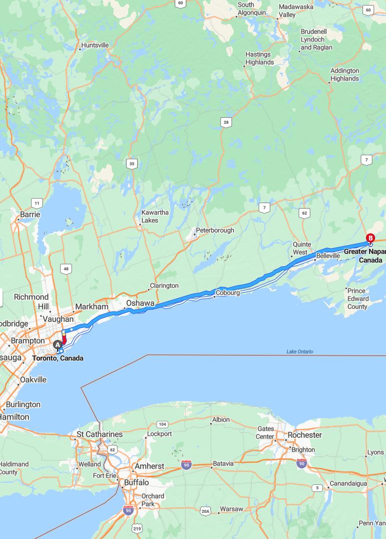 driving from Toronto, Ontario to NapaneeOntario - map and route