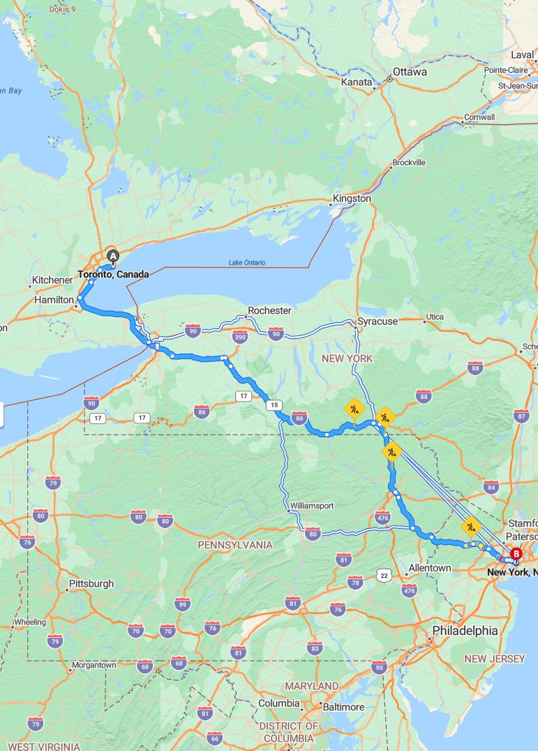 driving from Toronto, Ontario to New York CityNew York - map and route