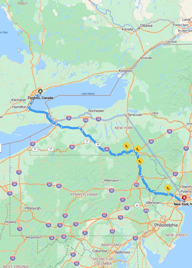 driving from Toronto, Ontario to New YorkNew York - map and route