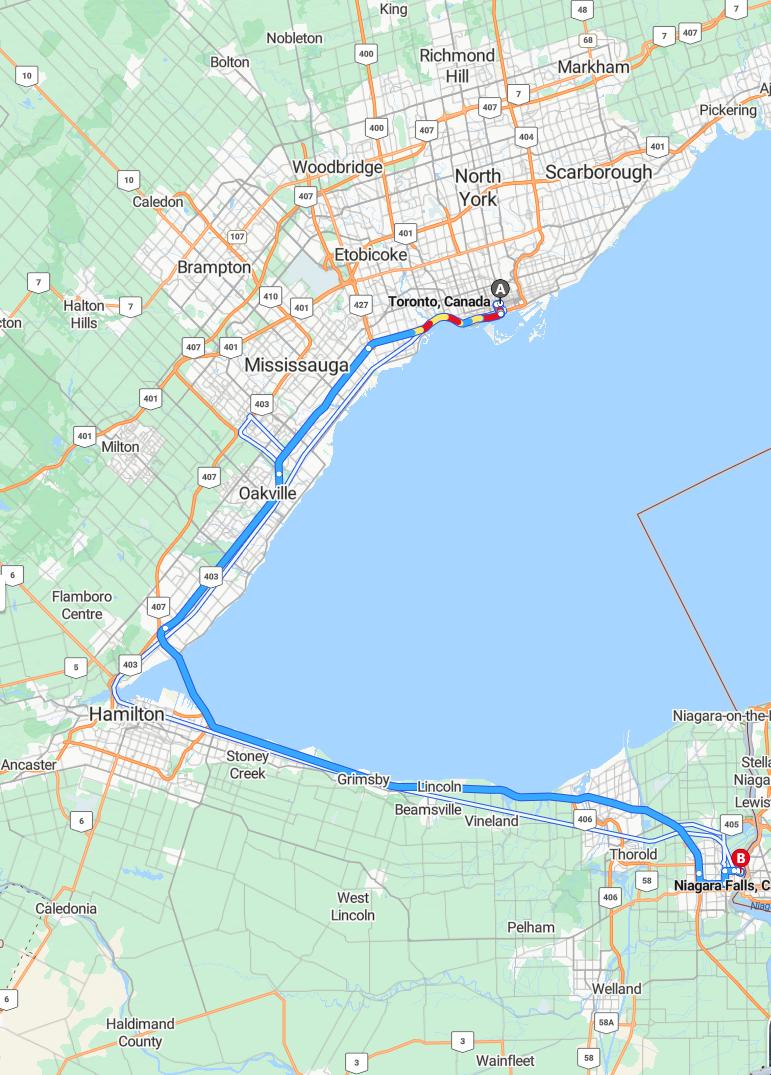 driving from Toronto, Ontario to Niagara FallsOntario - map and route