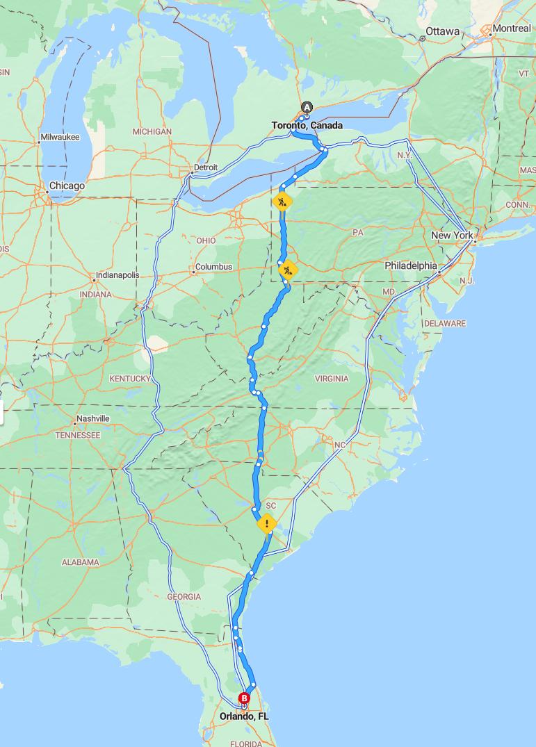 driving from Toronto, Ontario to OrlandoFlorida - map and route