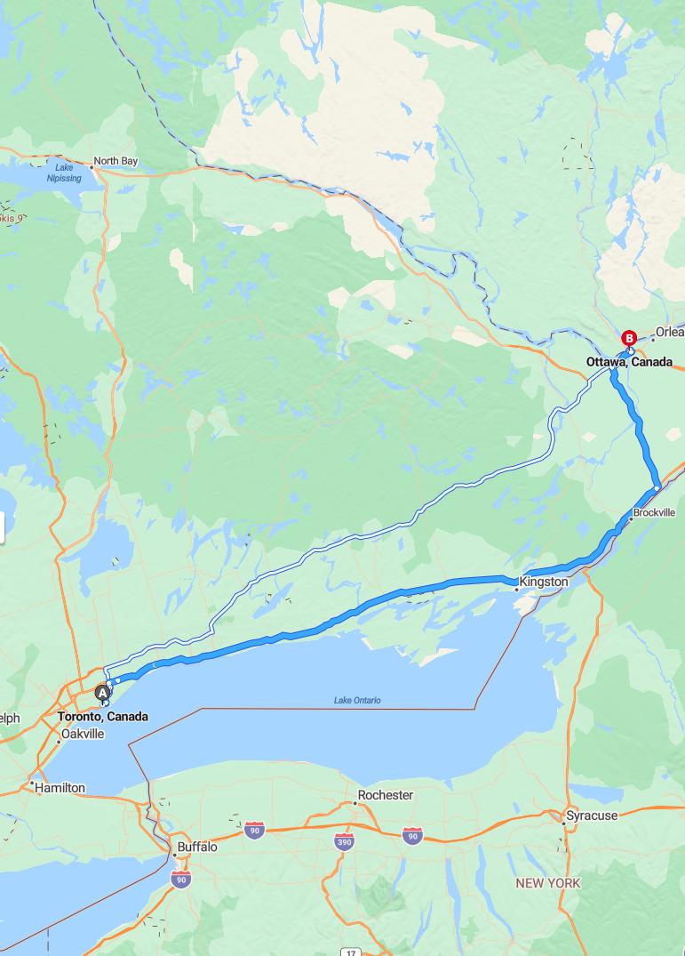 driving from Toronto, Ontario to OttawaOntario - map and route