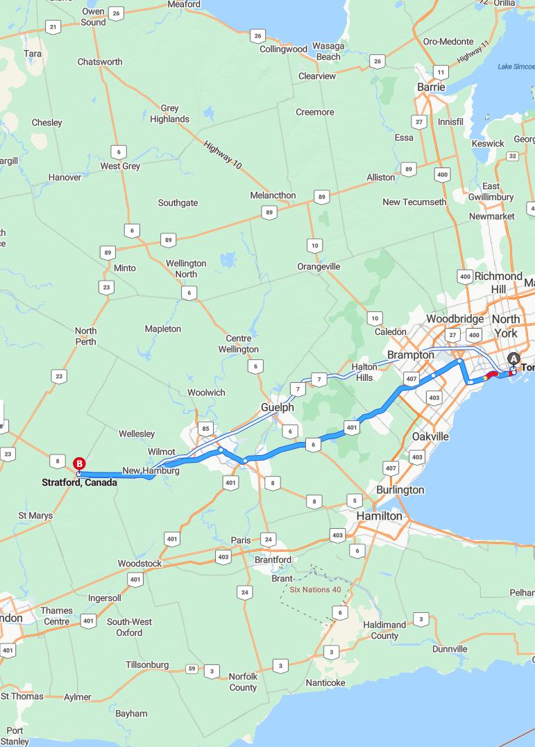driving from Toronto, Ontario to StratfordOntario - map and route