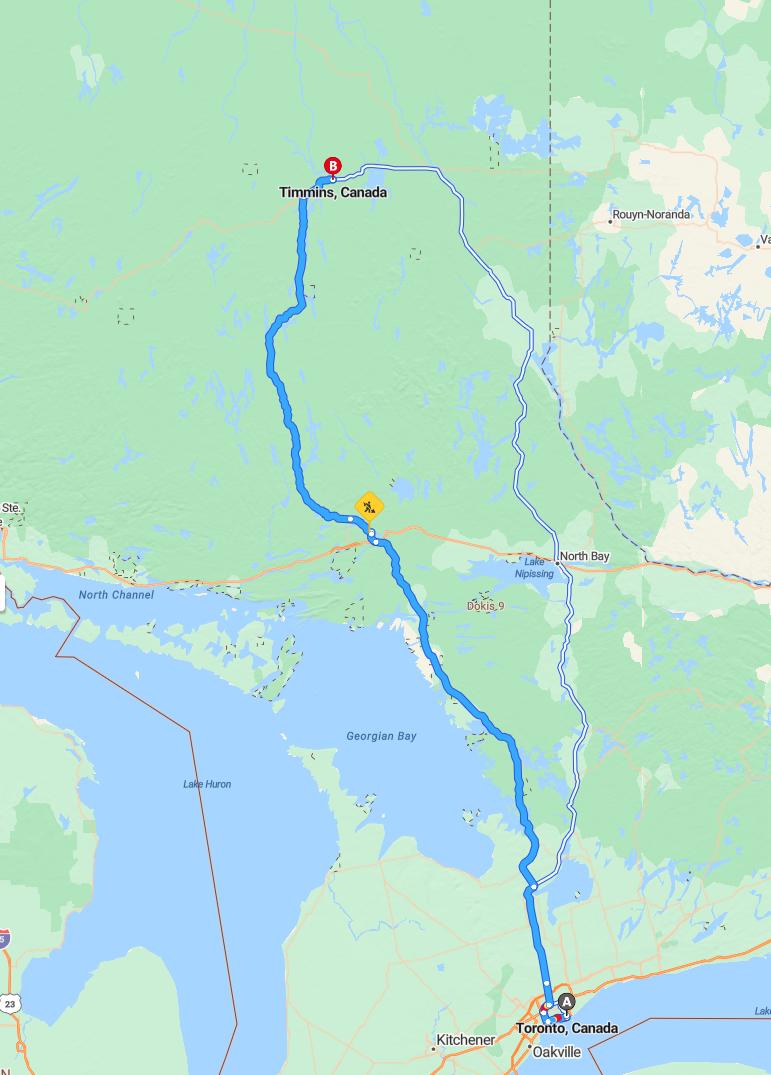driving from Toronto, Ontario to TimminsOntario - map and route