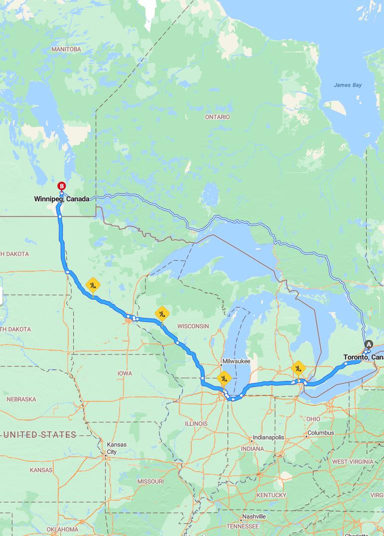 driving from Toronto, Ontario to WinnipegManitoba - map and route
