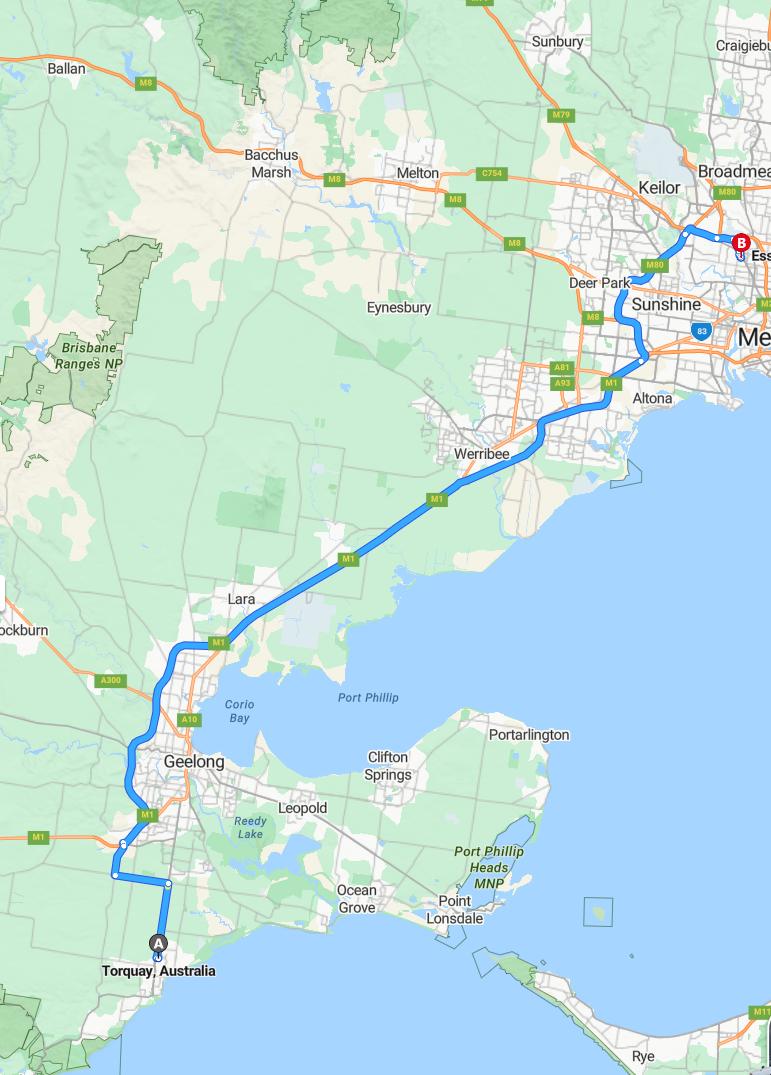 driving from Torquay, Victoria to EssendonVictoria - map and route