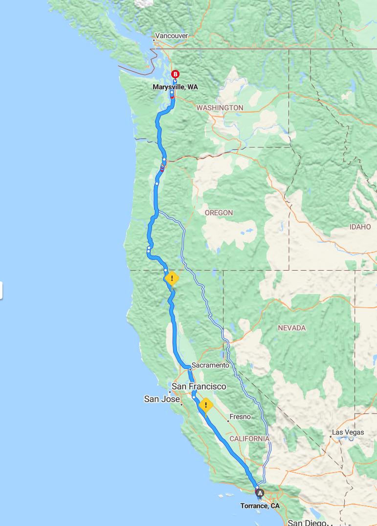 driving from Torrance, California to MarysvilleWashington - map and route