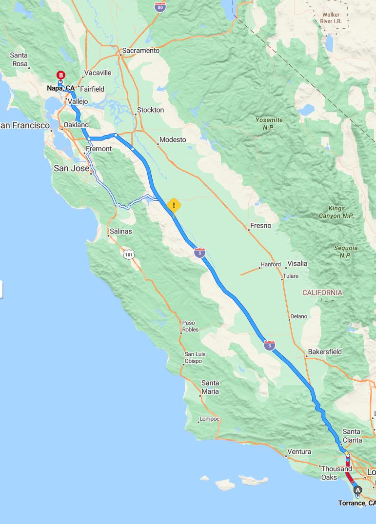 driving from Torrance, California to NapaCalifornia - map and route