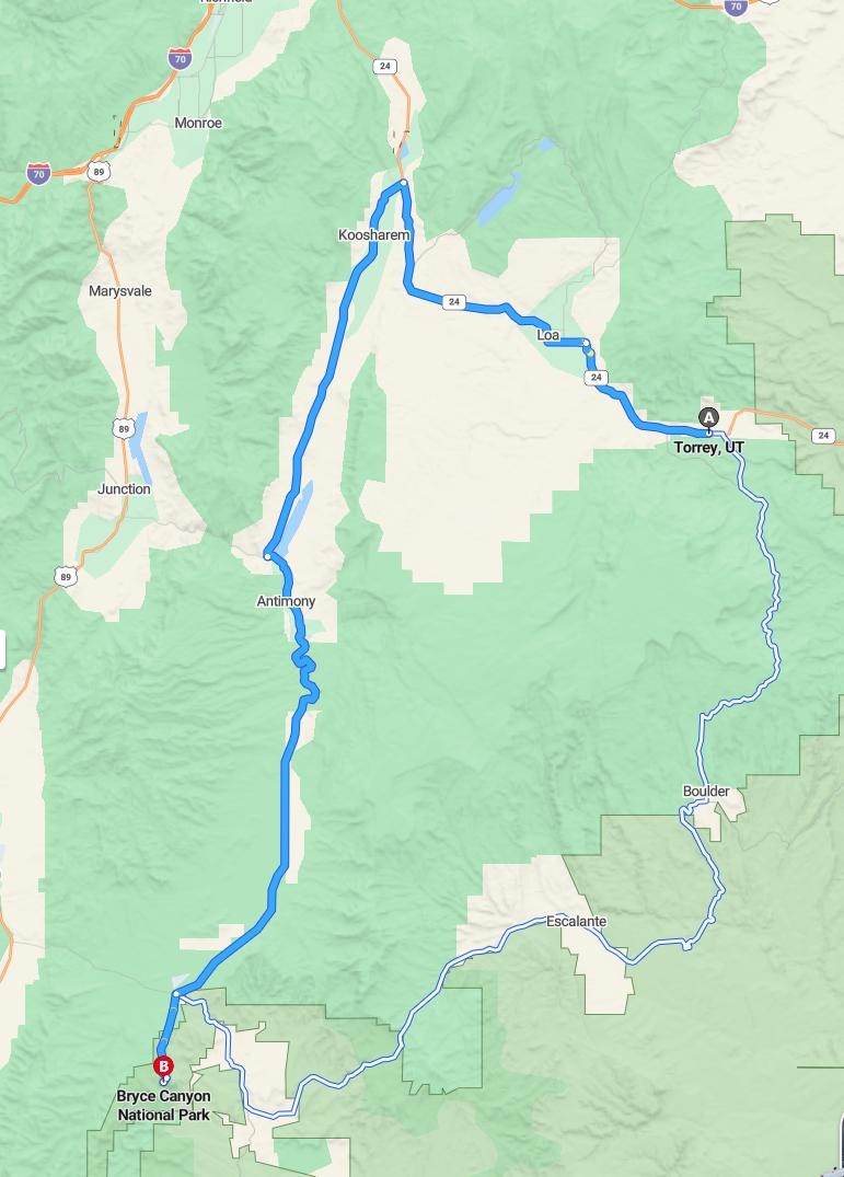 driving from Torrey, Utah to Bryce CanyonUtah - map and route