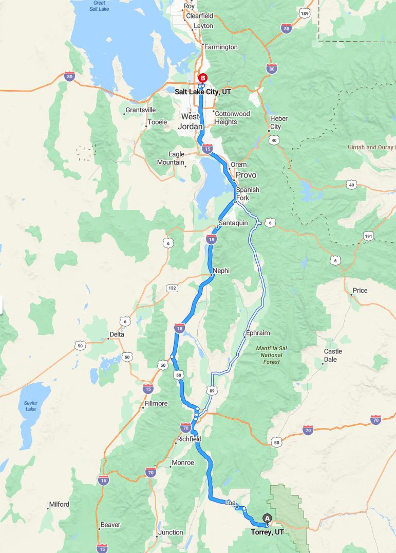 driving from Torrey, Utah to Salt Lake CityUtah - map and route