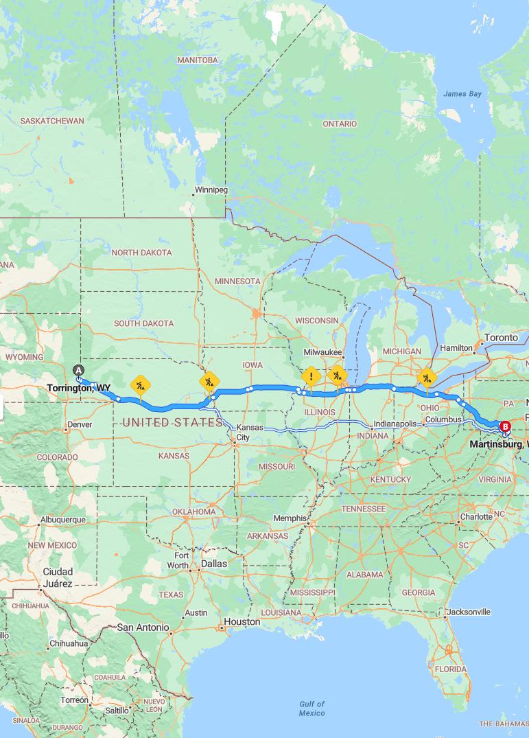 driving from Torrington, Wyoming to MartinsburgWest Virginia - map and route