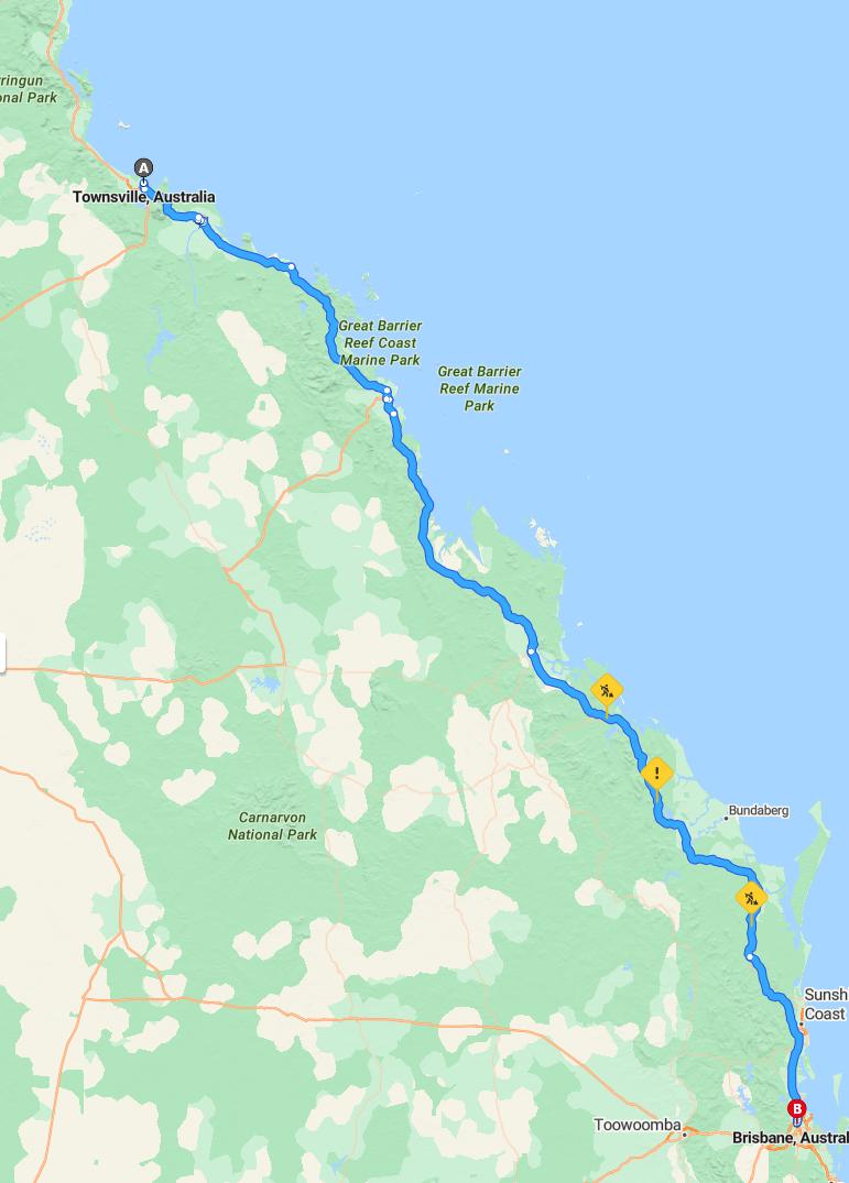 driving from Townsville, Queensland to BrisbaneQueensland - map and route