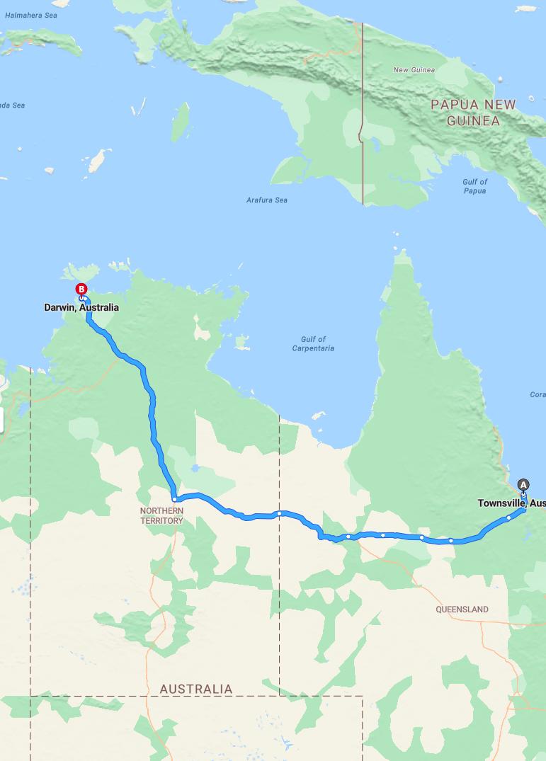 driving from Townsville, Queensland to DarwinNorthern Territory - map and route