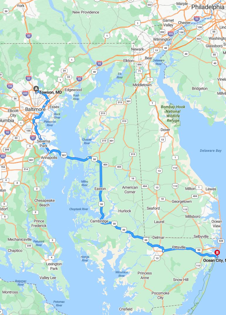 driving from Towson, Maryland to Ocean CityMaryland - map and route