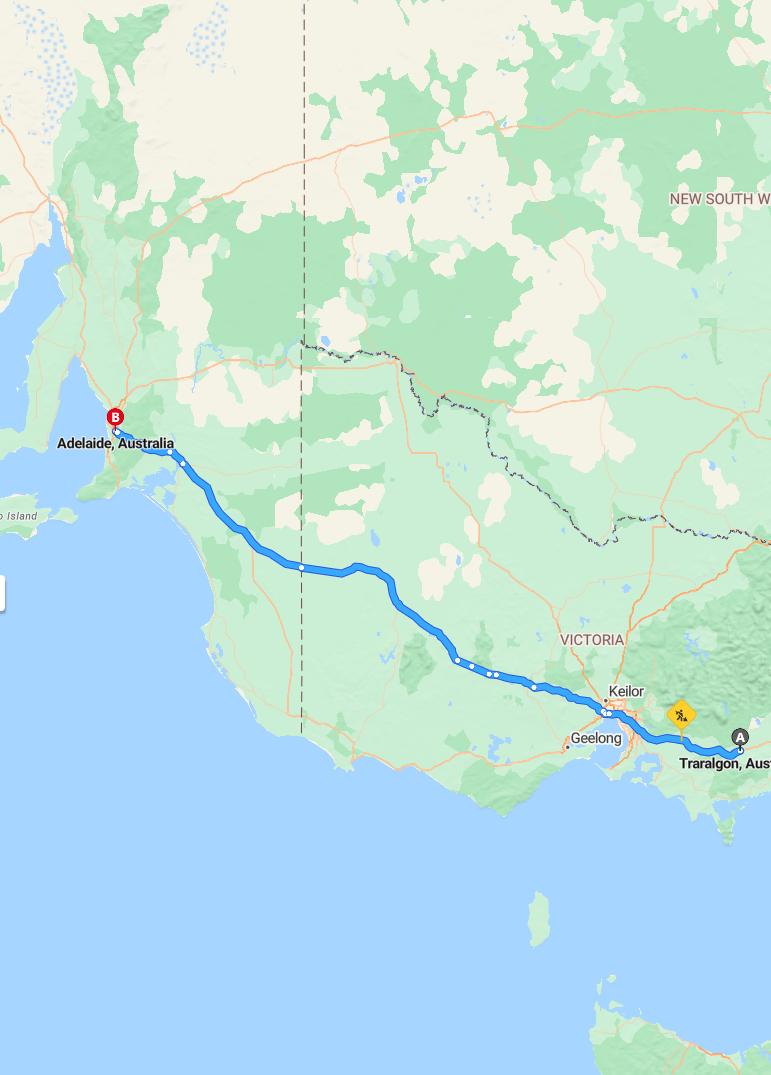 driving from Traralgon, Victoria to AdelaideSouth Australia - map and route