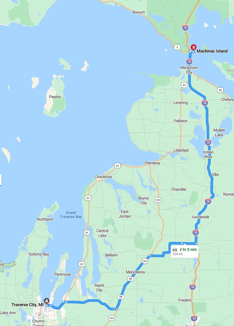 driving from Traverse City, Michigan to Mackinac IslandMichigan - map and route
