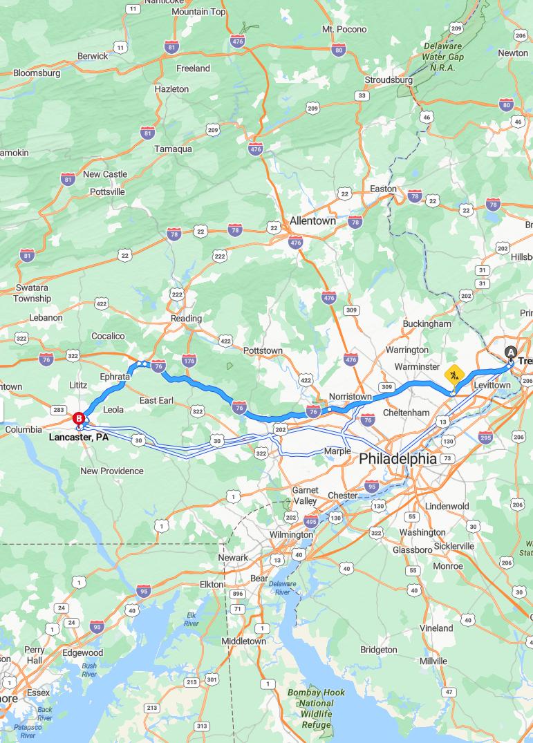 driving from Trenton, New Jersey to LancasterPennsylvania - map and route