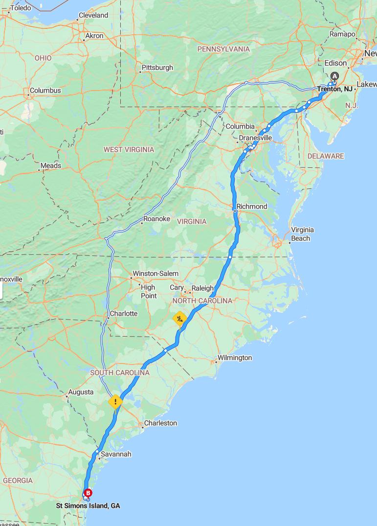 driving from Trenton, New Jersey to Saint Simons IslandGeorgia - map and route