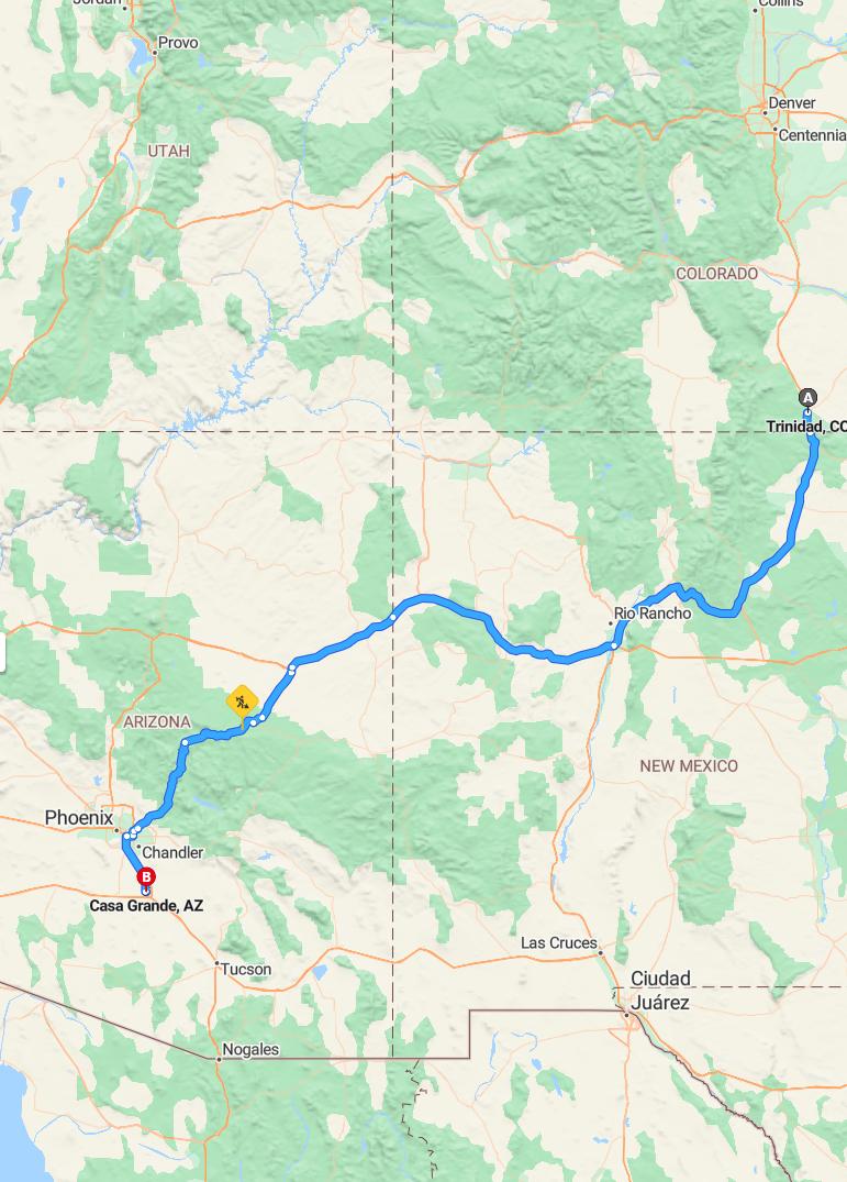 driving from Trinidad, Colorado to Casa GrandeArizona - map and route