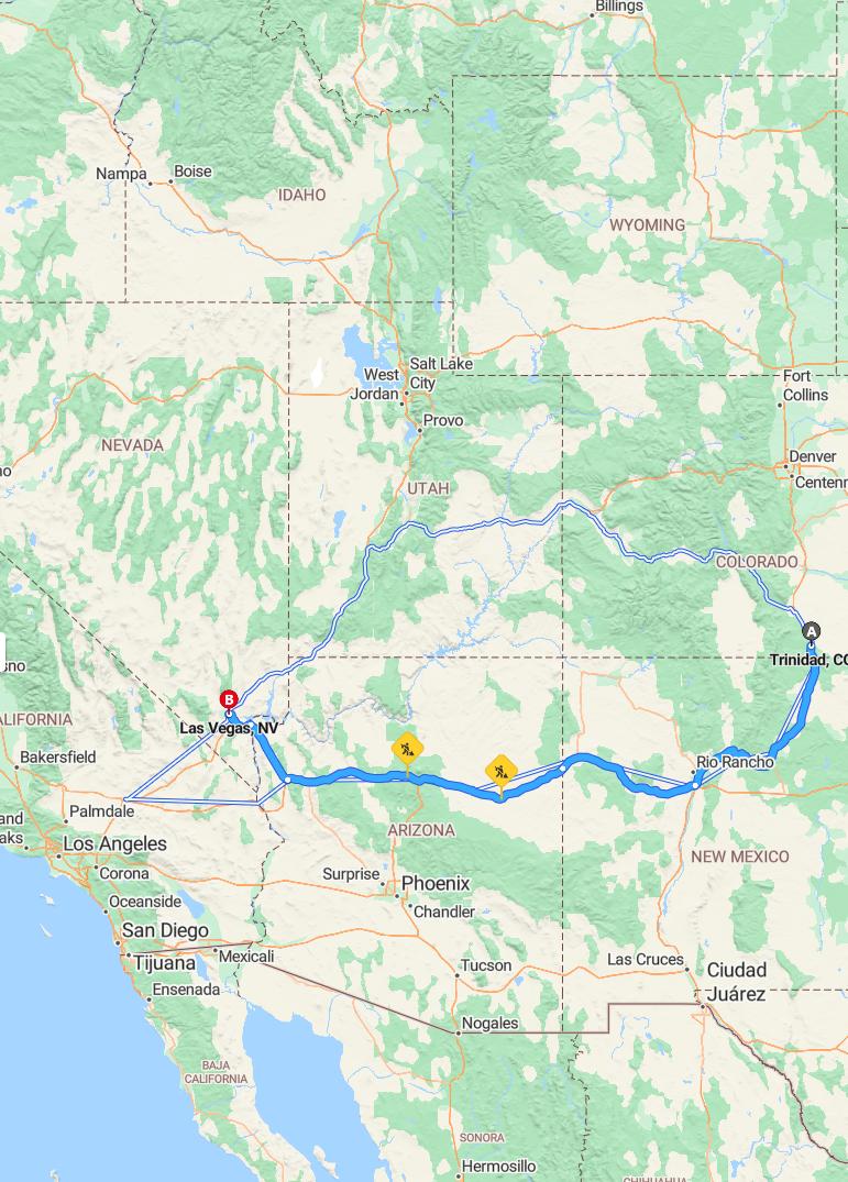 driving from Trinidad, Colorado to Las VegasNevada - map and route
