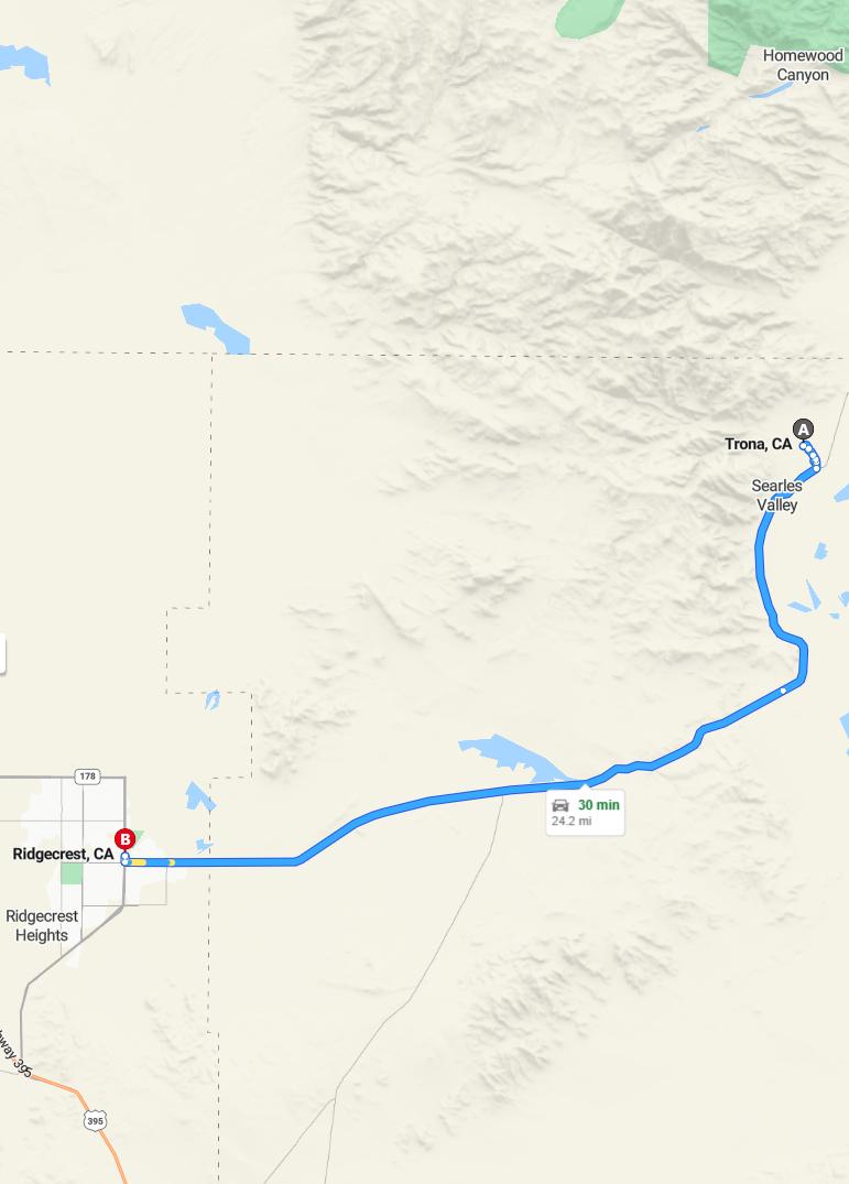 driving from Trona, California to RidgecrestCalifornia - map and route