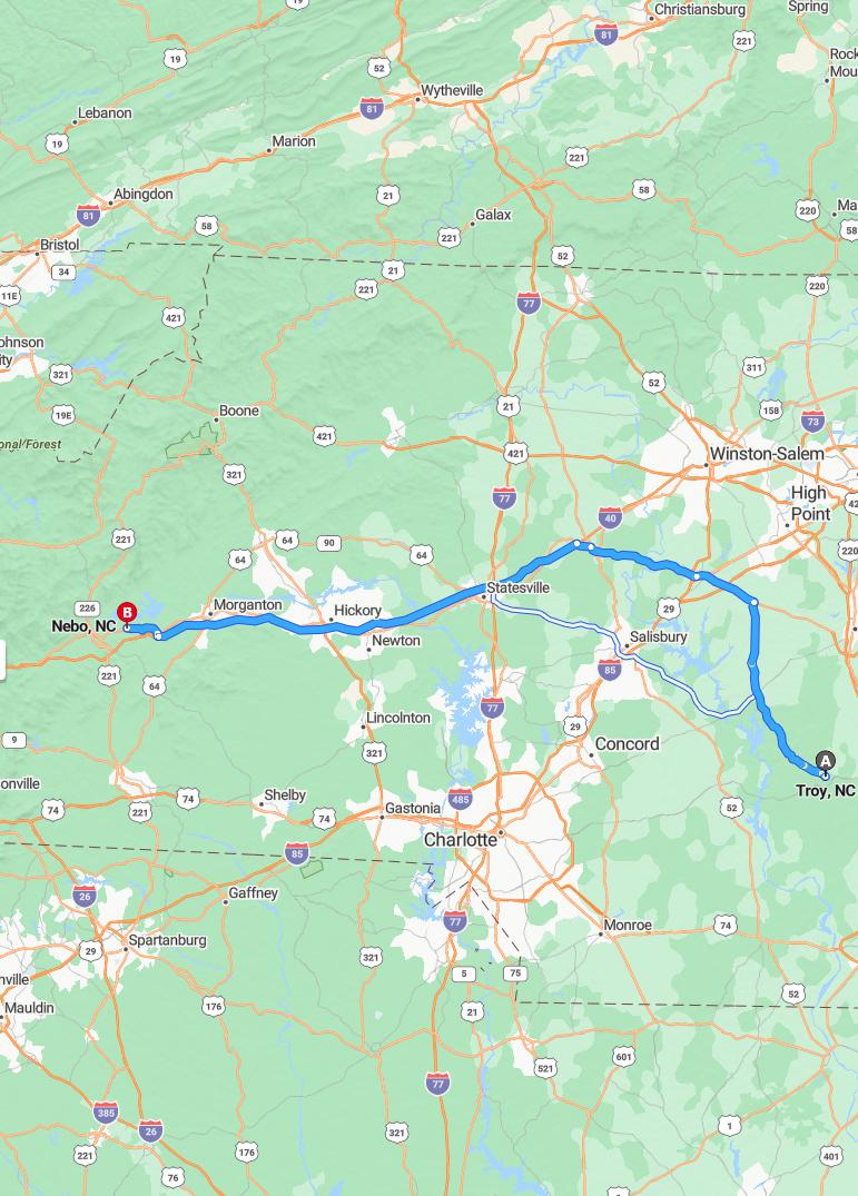 driving from Troy, North Carolina to NeboNorth Carolina - map and route