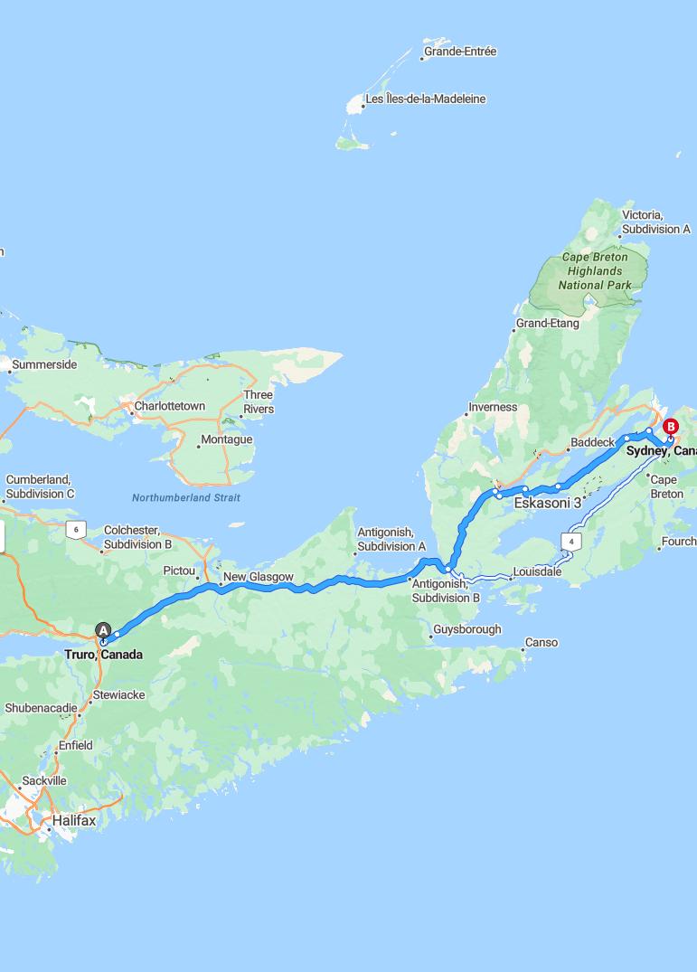 driving from Truro, Nova Scotia to SydneyNova Scotia - map and route