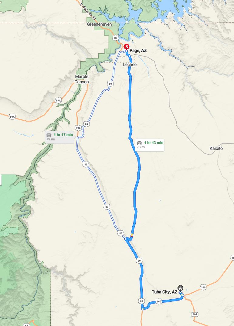 driving from Tuba City, Arizona to PageArizona - map and route