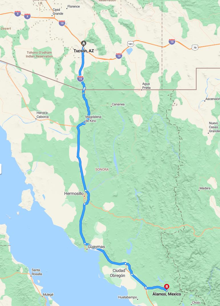 driving from Tucson, Arizona to AlamosSonora - map and route