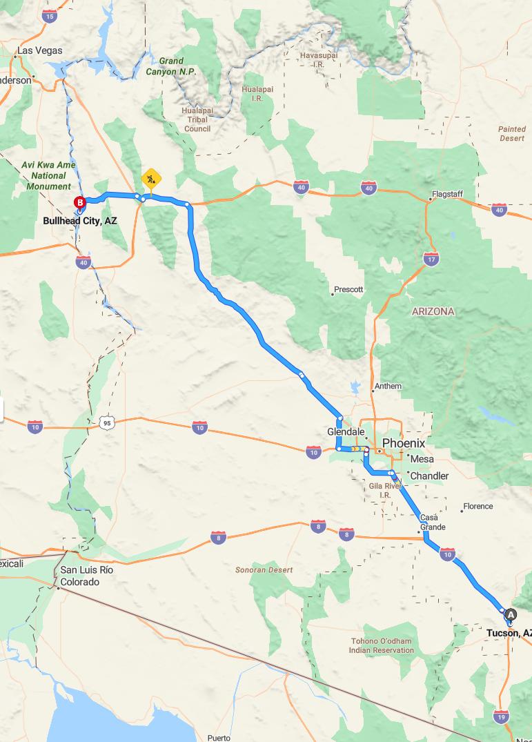 driving from Tucson, Arizona to Bullhead CityArizona - map and route