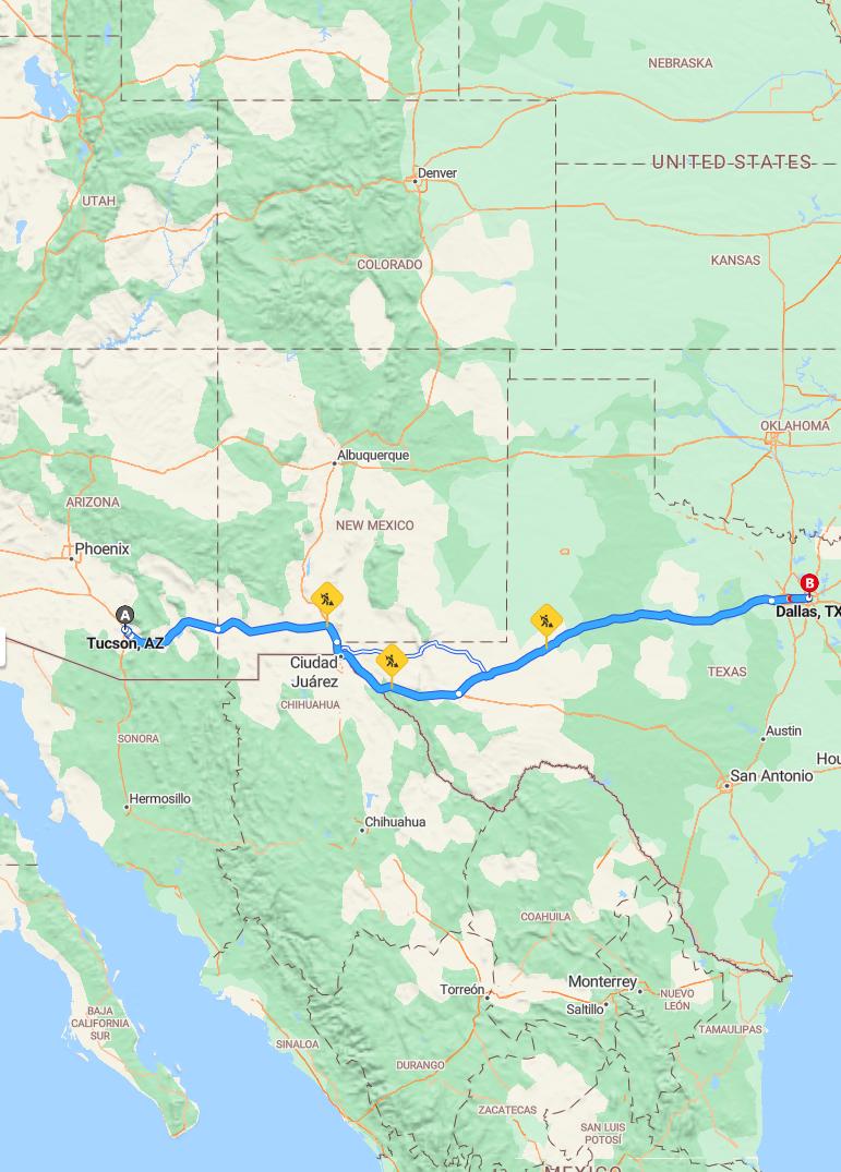 driving from Tucson, Arizona to DallasTexas - map and route