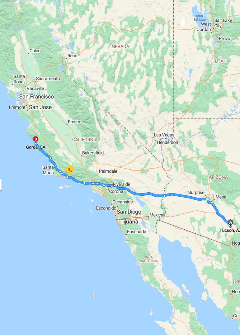 driving from Tucson, Arizona to GordaCalifornia - map and route