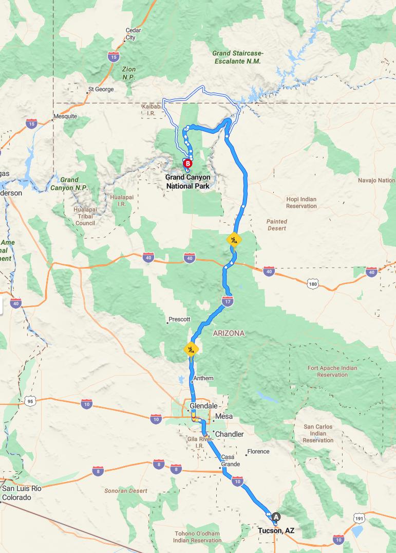 driving from Tucson, Arizona to Grand CanyonArizona - map and route