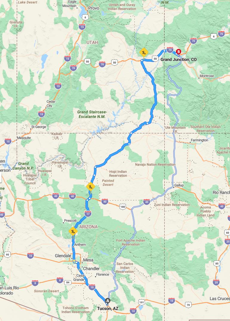 driving from Tucson, Arizona to Grand JunctionColorado - map and route
