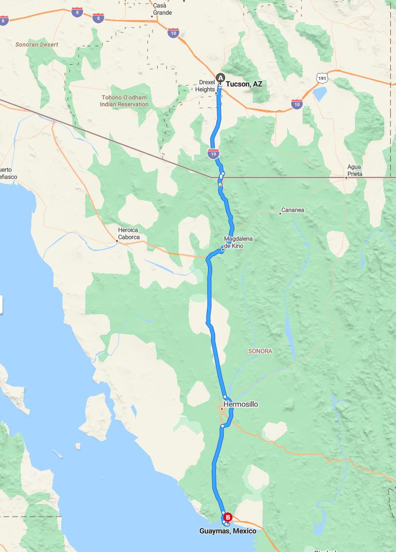 driving from Tucson, Arizona to GuaymasSonora - map and route