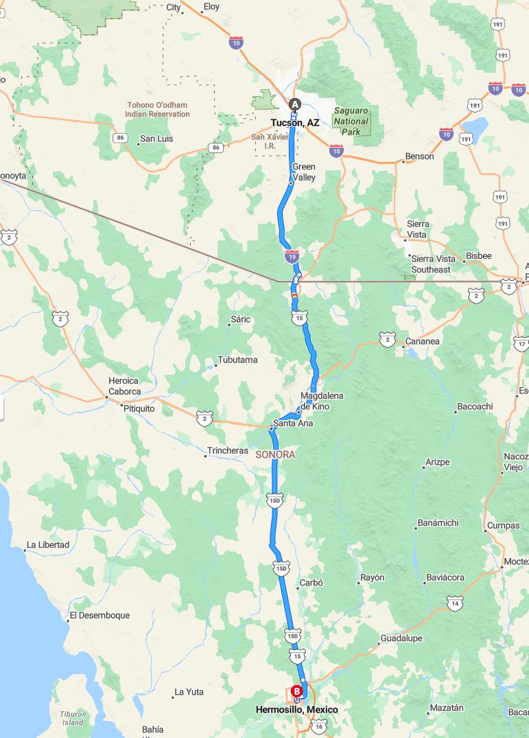 driving from Tucson, Arizona to HermosilloSonora - map and route