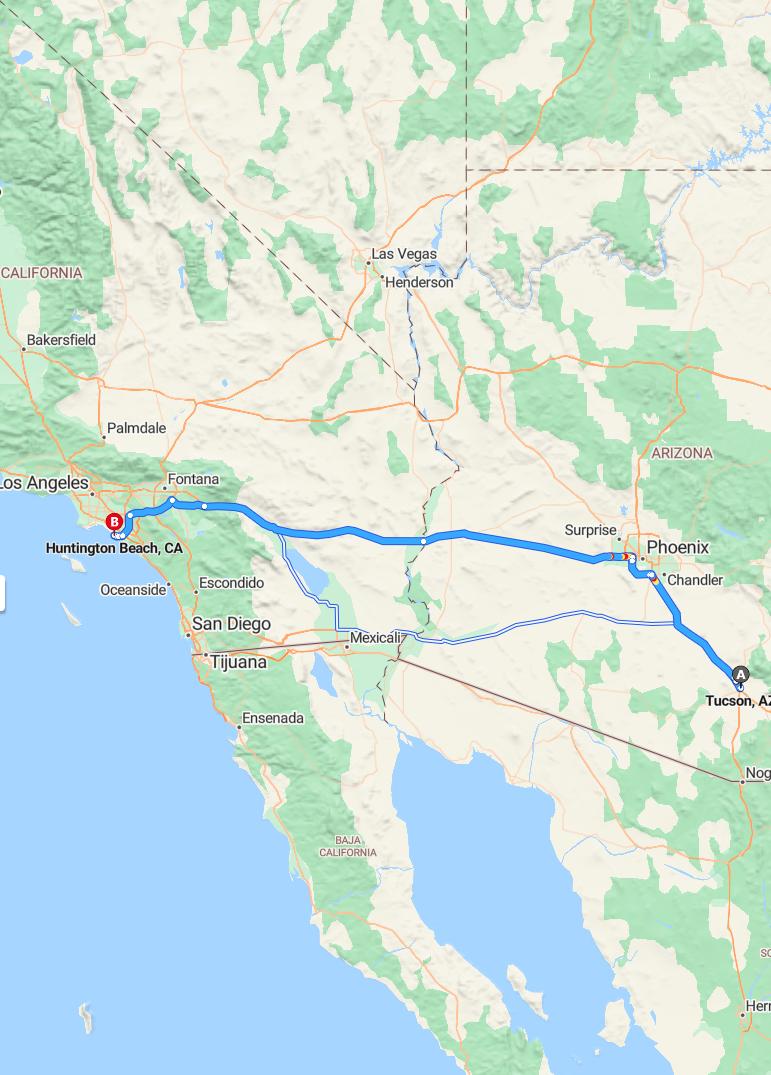 driving from Tucson, Arizona to Huntington BeachCalifornia - map and route