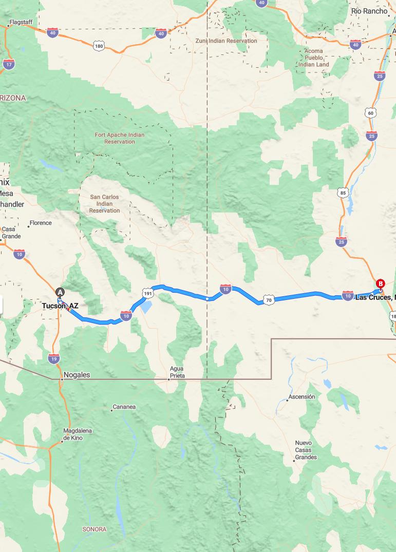 driving from Tucson, Arizona to Las CrucesNew Mexico - map and route