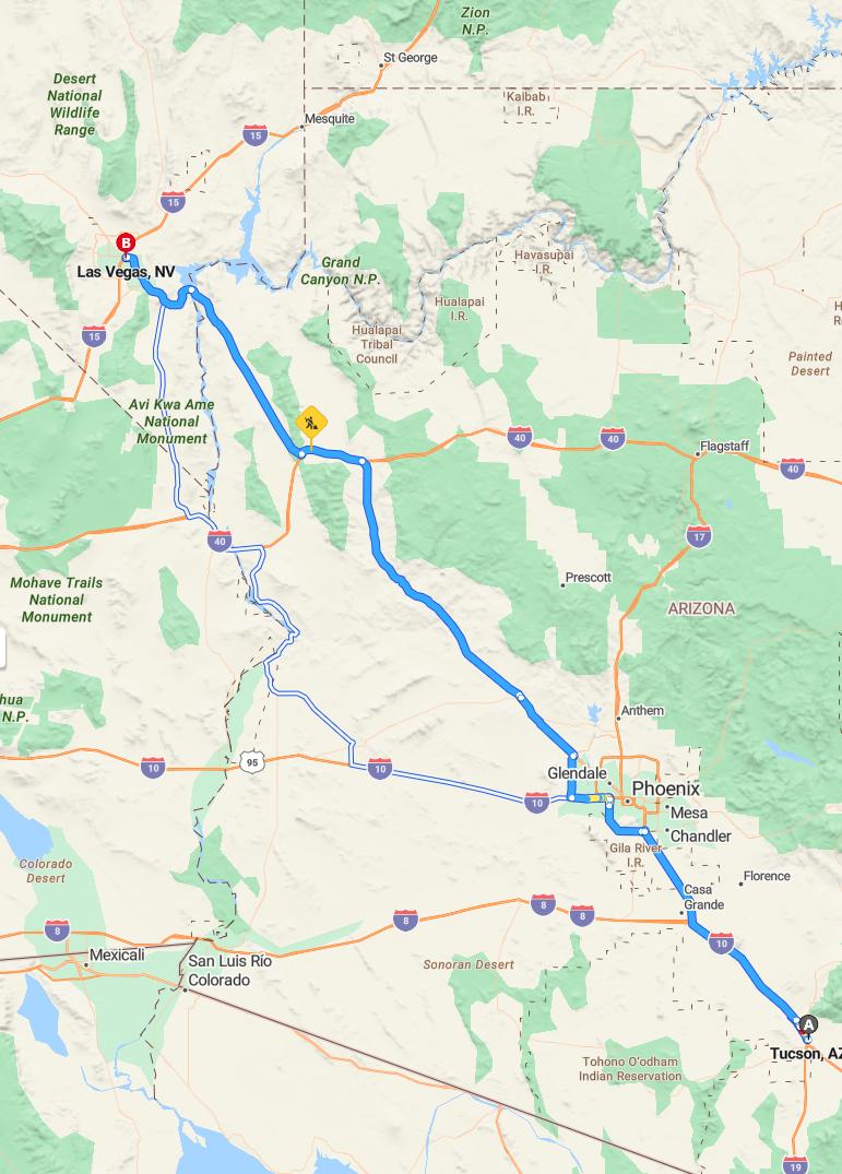driving from Tucson, Arizona to Las VegasNevada - map and route