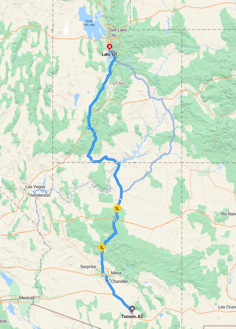 driving from Tucson, Arizona to LehiUtah - map and route