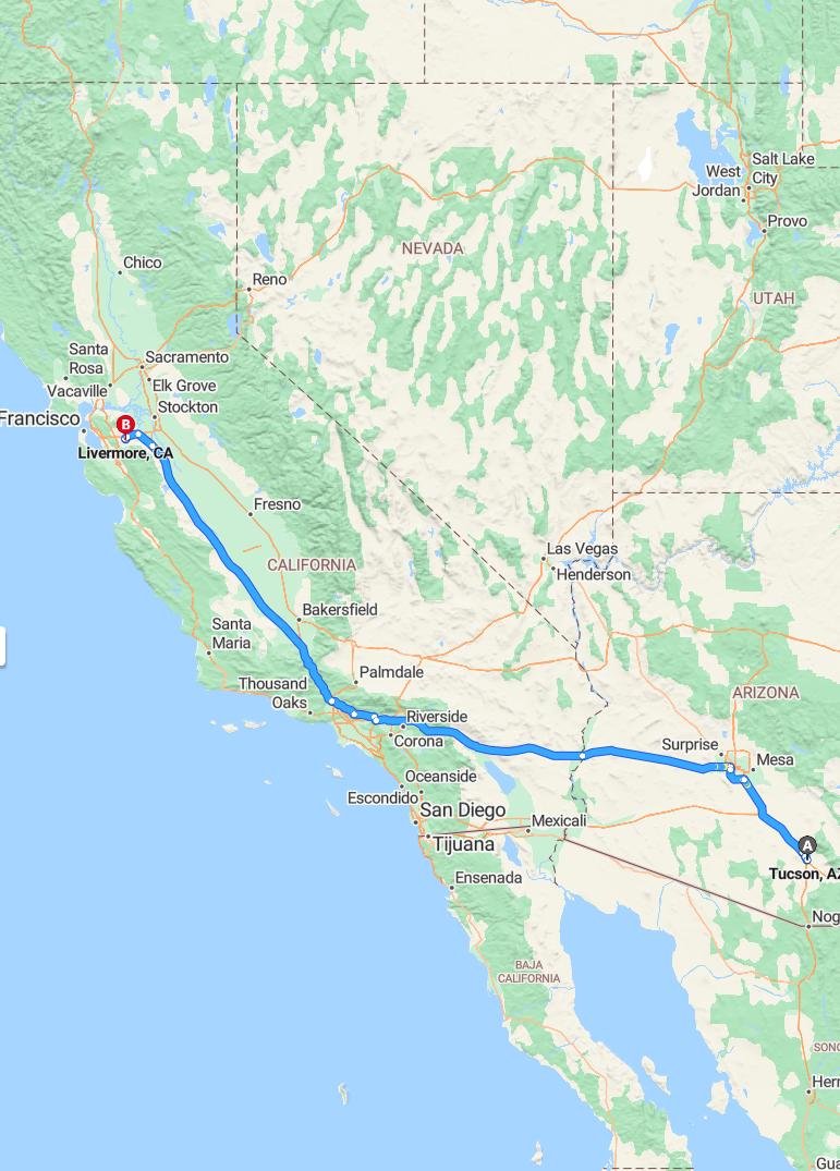 driving from Tucson, Arizona to LivermoreCalifornia - map and route