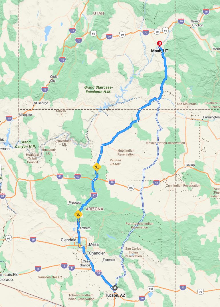 driving from Tucson, Arizona to MoabUtah - map and route