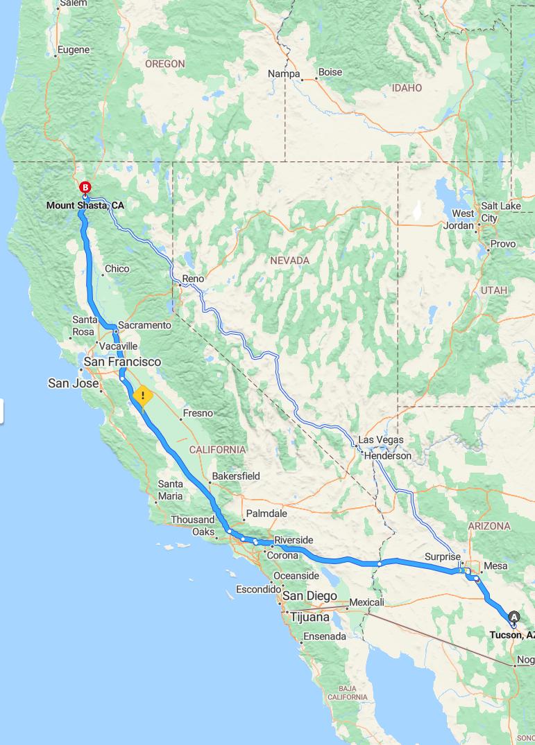driving from Tucson, Arizona to Mount ShastaCalifornia - map and route